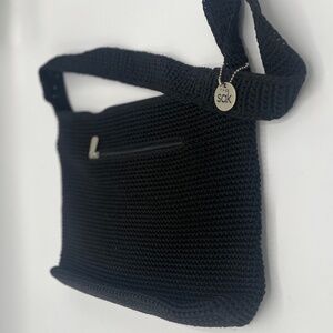 THE SAK Black Shoulder Bag Purse Crocheted Shoulder Handle Tote Handbag
